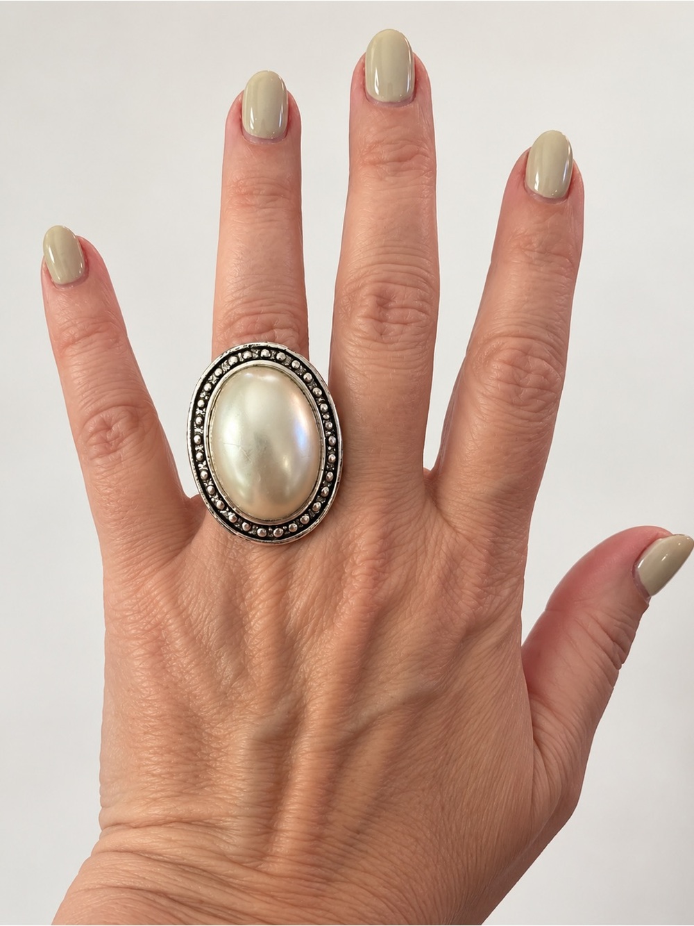 Vintage Faux Pearl Statement Ring – Silver Tone – Size 8